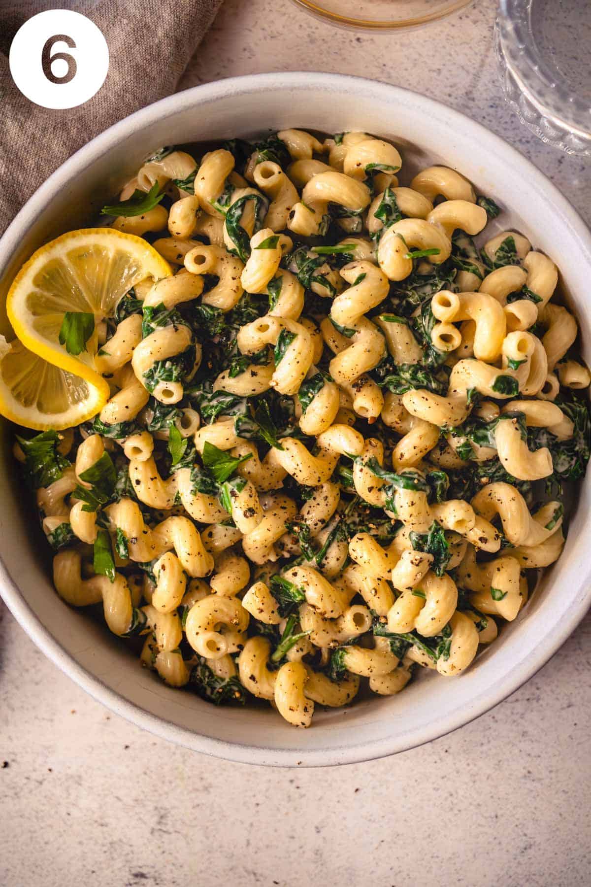 Step 6 is shown serving the tahini pasta and adding garnishes.