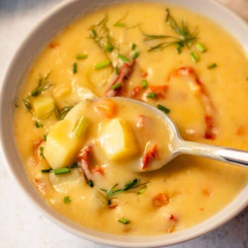 Closeup of a vegan potato soup made with Yukon gold potatoes and beans.