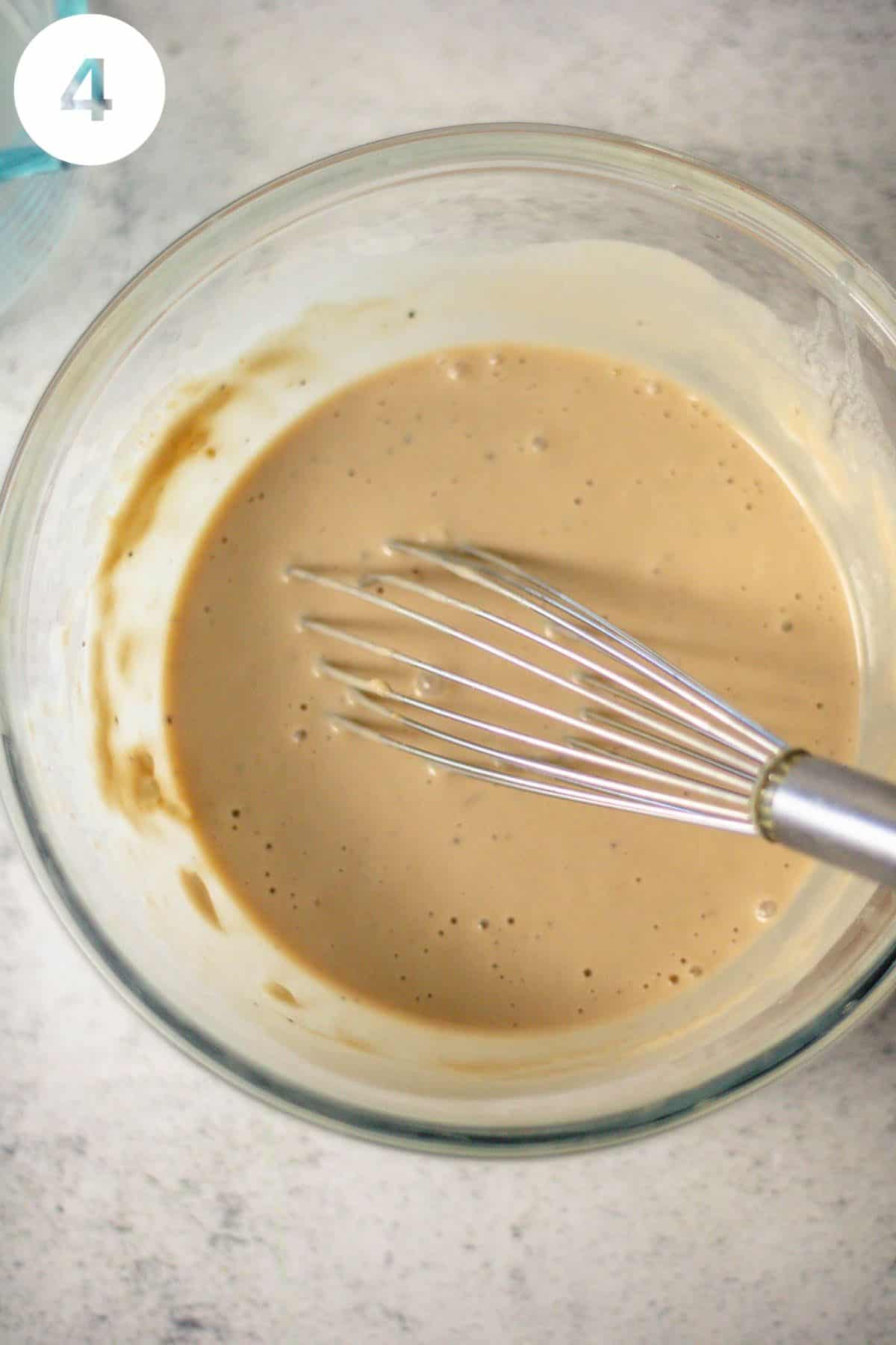 Step 4 is shown whisking the pasta water into the tahini sauce. The photo is labeled with a "4" in the upper left corner.