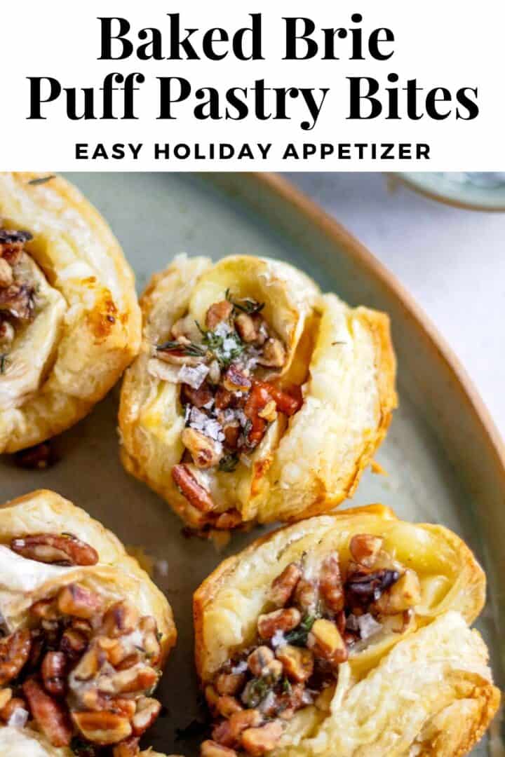 Puff pastry bites on a plate with title text that reads, "Baked Brie Puff Pastry Bites: Easy Holiday Appetizer."