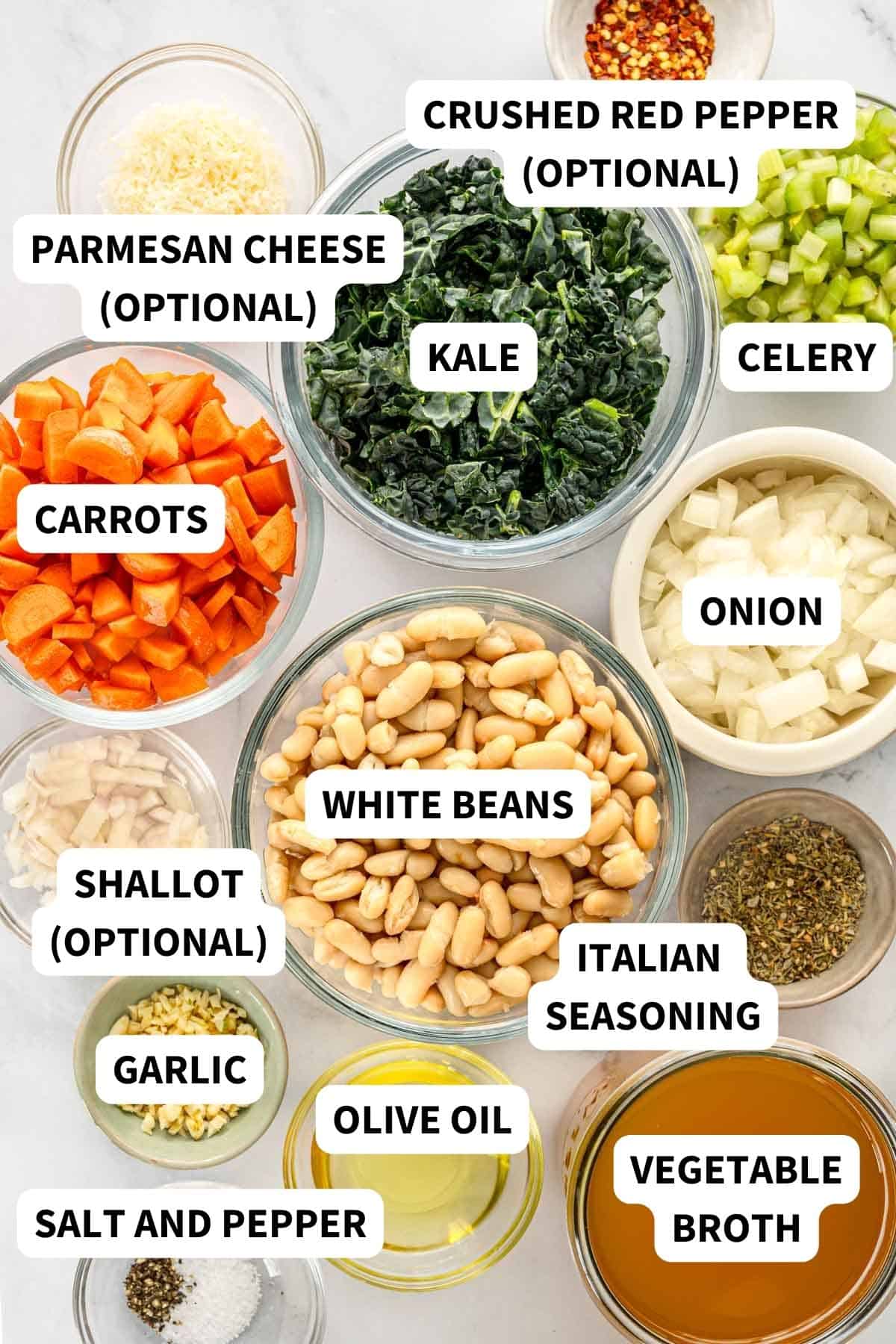 Labeled ingredients to make Tuscan white bean soup with kale.