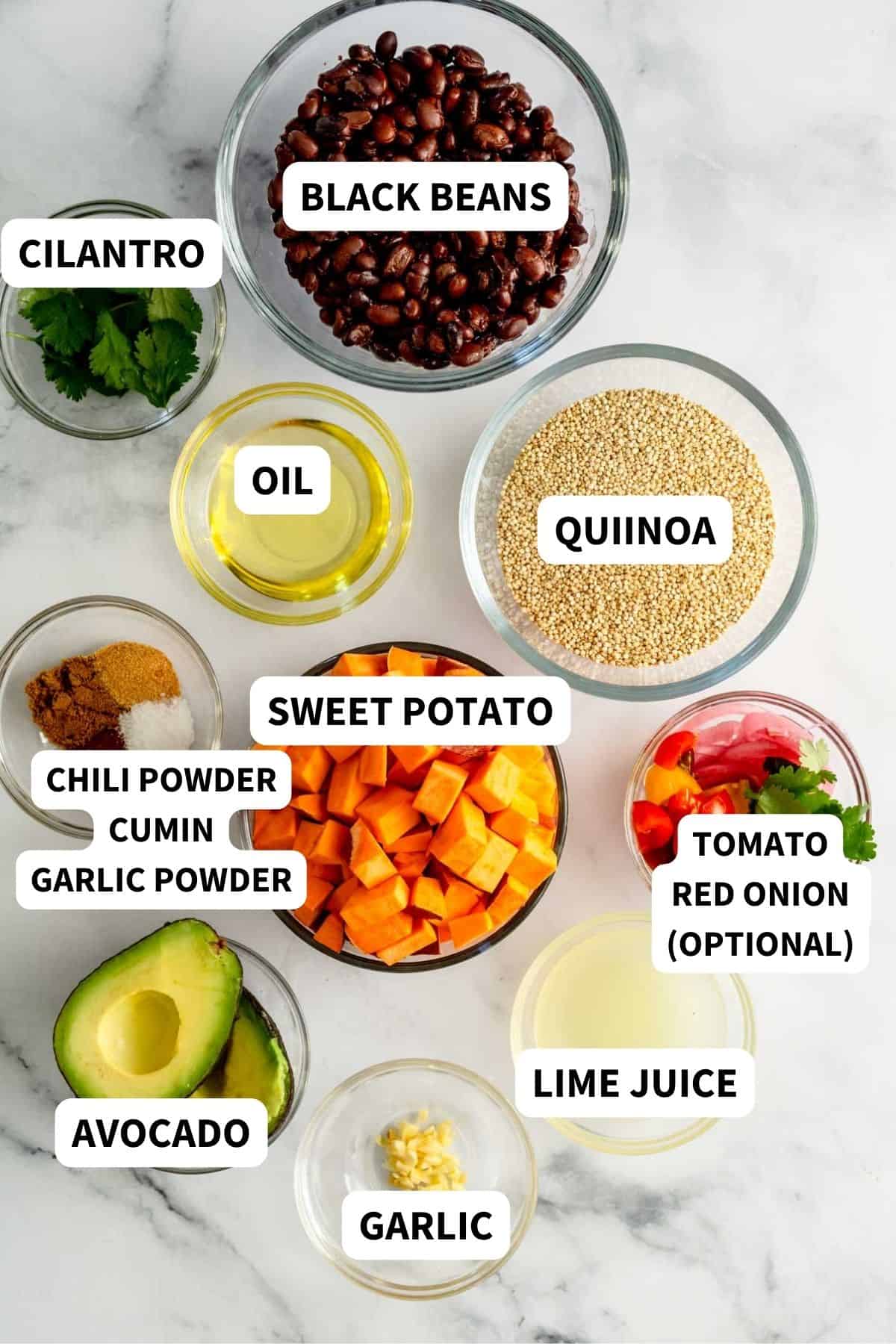 Labeled ingredients to make quinoa bowls.