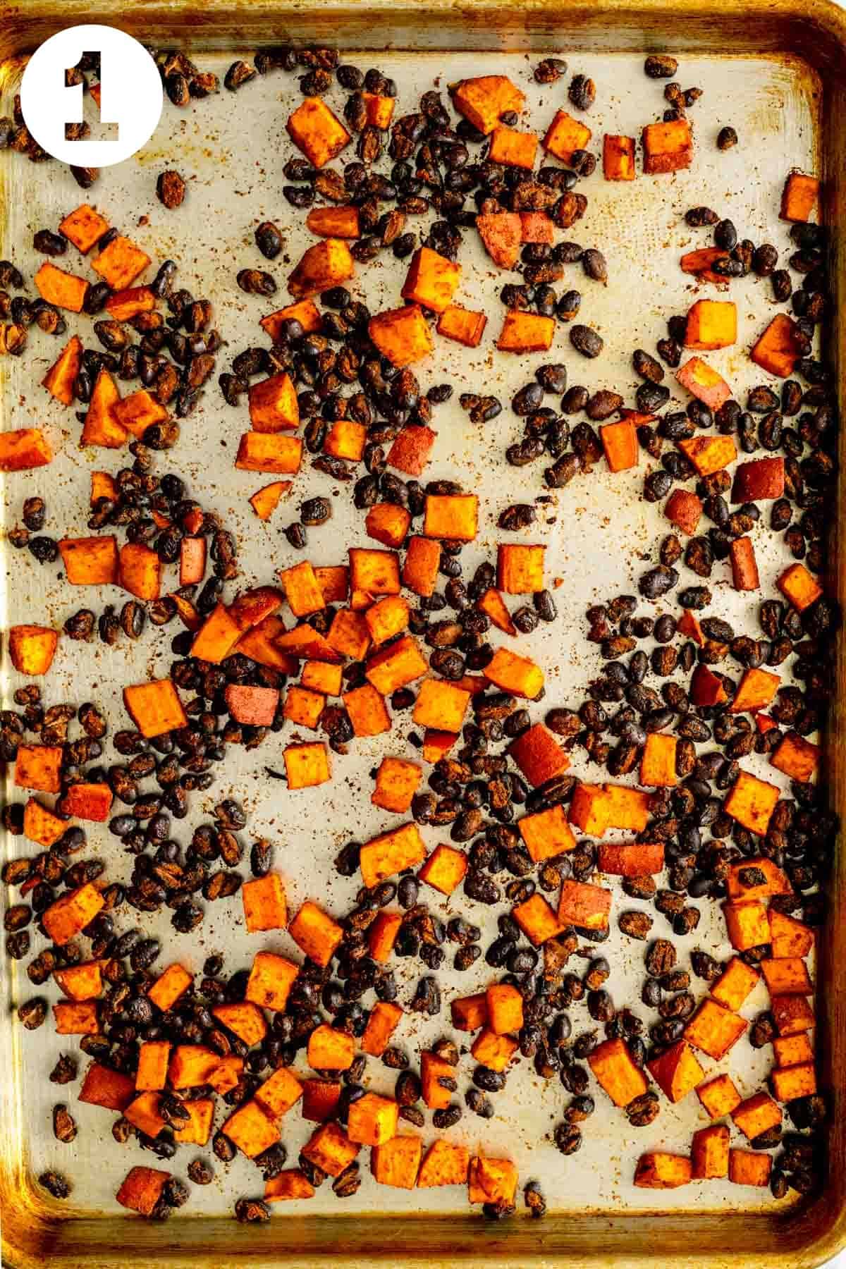 Roasting sweet potato and black beans on a baking sheet. Labeled with a "1" in the upper left corner.