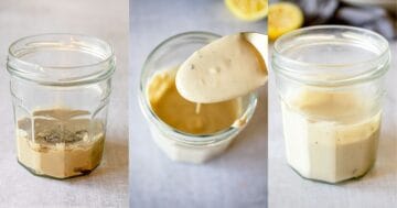 Collage of creamy lemon tahini dressing.