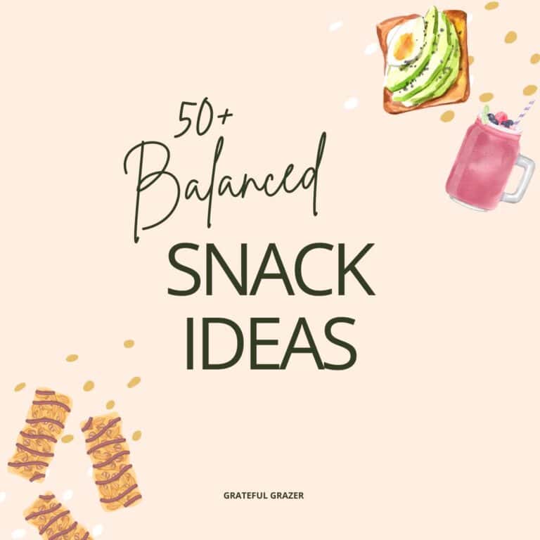 Text reads, "Balanced Snack Ideas" with illustrations of avocado toast, smoothie, and energy bars.