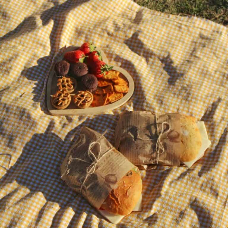 A picnic with sandwiches and snacks on a blanket portrays what healing your relationship with food can look like.