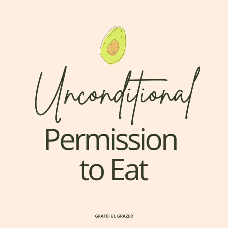 Text reads, "Unconditional Permission to Eat - Grateful Grazer" with illustration of an avocado.