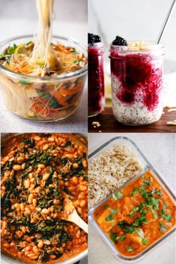 Collage of vegetarian meal prep recipes, including noodle soup, berry overnight oats, white beans and greens, and tofu tikka masala.