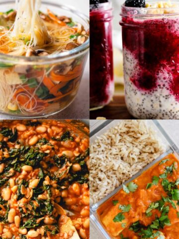 A collage with four vegetarian meal prep recipes: tofu noodle soup, berry overnight oats, vegan tikka masala, and white beans with spinach.