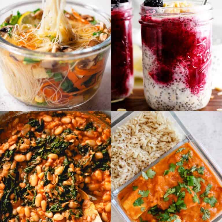 A collage with four vegetarian meal prep recipes: tofu noodle soup, berry overnight oats, vegan tikka masala, and white beans with spinach.