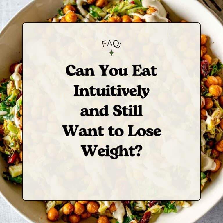 Image of a chickpea salad with a text overlay that reads, "FAQ - Can You Eat Intuitively and Still Want to Lose Weight?"