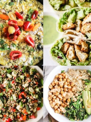 Collage image of high-protein vegetarian recipes, including a veggie frittata, crispy tofu wrap, Mediterranean lentil salad, and peanut chickpea protein bowl.