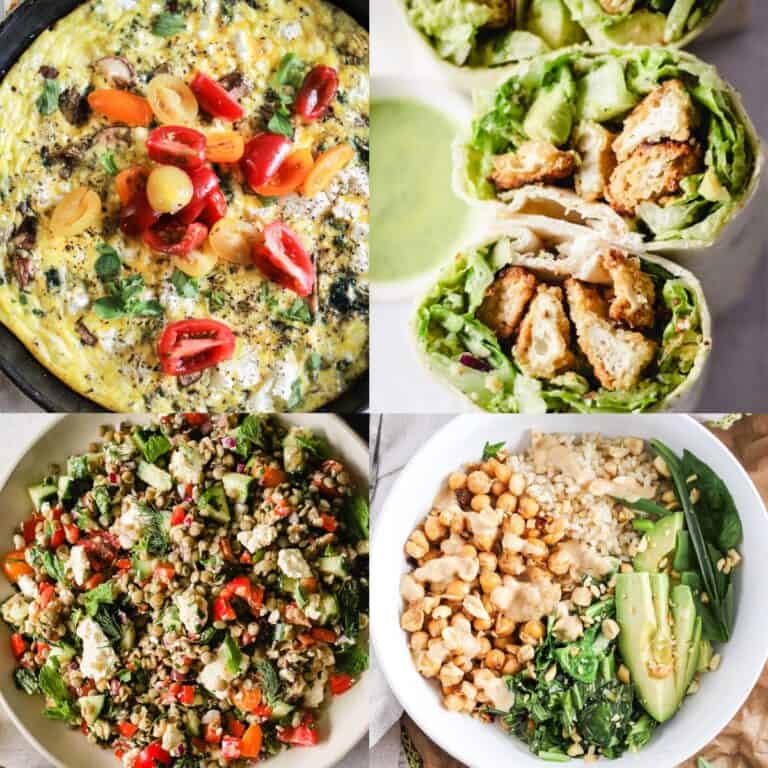Collage image of high-protein vegetarian recipes, including a veggie frittata, crispy tofu wrap, Mediterranean lentil salad, and peanut chickpea protein bowl.