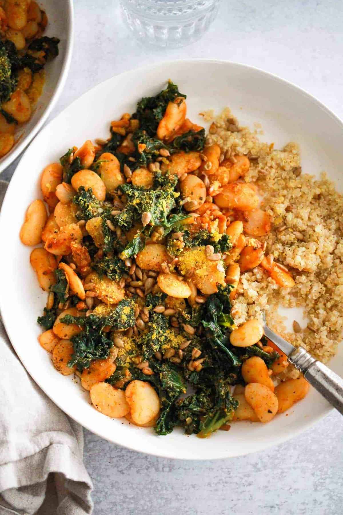 A vegetarian Thanksgiving main dish with butter beans and kale.