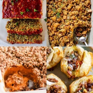 A collage of vegetarian Thanksgiving recipes.