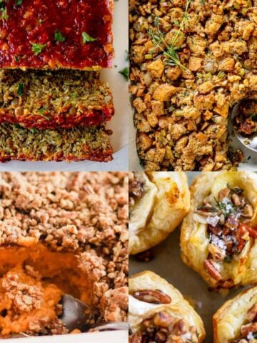 A collage of vegetarian Thanksgiving recipes.