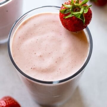 Smoothie with strawberries, bananas, and Greek yogurt.