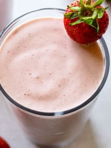 Smoothie with strawberries, bananas, and Greek yogurt.