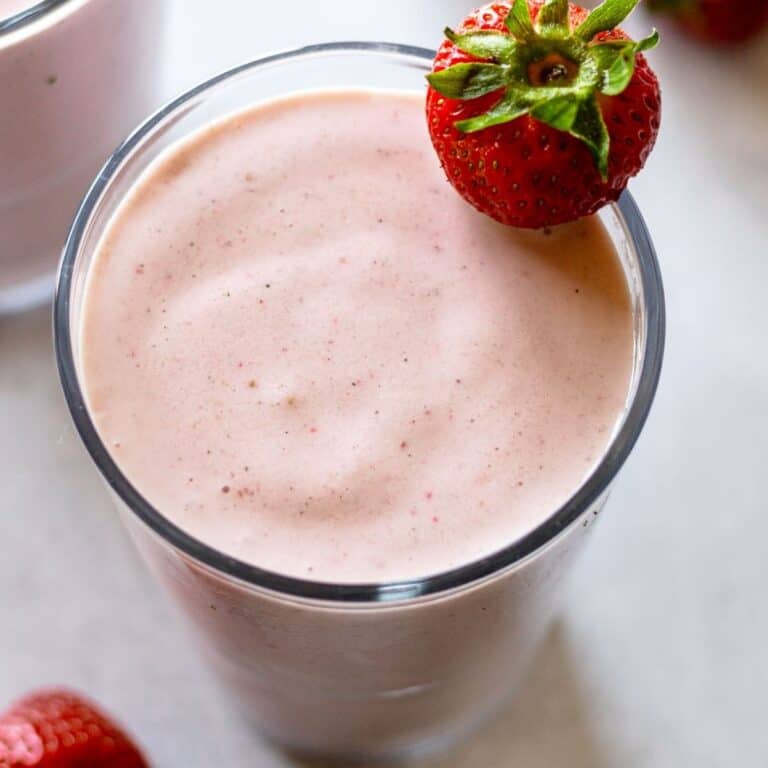 Smoothie with strawberries, bananas, and Greek yogurt.