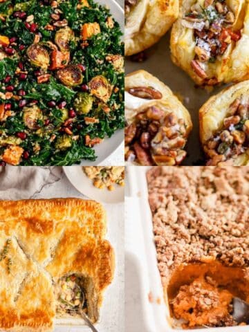 Vegetarian Thanksgiving recipes, including roasted vegetable salad, pot pie, sweet potato casserole, and a holiday appetizer.