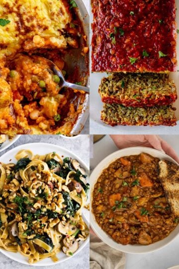Collage of vegetarian Thanksgiving main dishes.