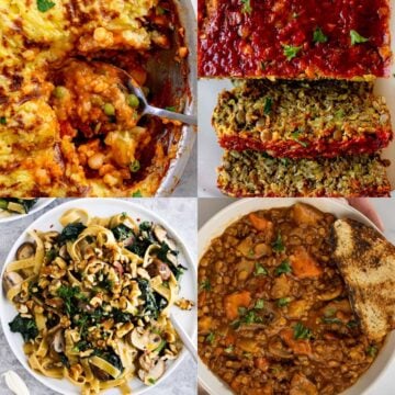 Collage of vegetarian main dishes for Thanksgiving.