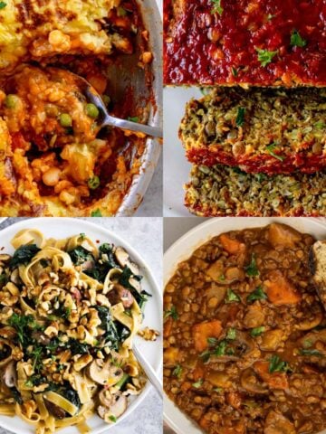 Collage of vegetarian main dishes for Thanksgiving.