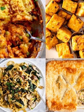 Collage of vegetarian Thanksgiving mains, including baked tempeh, pot pie, mushroom kale pasta, and shepherd's pie.