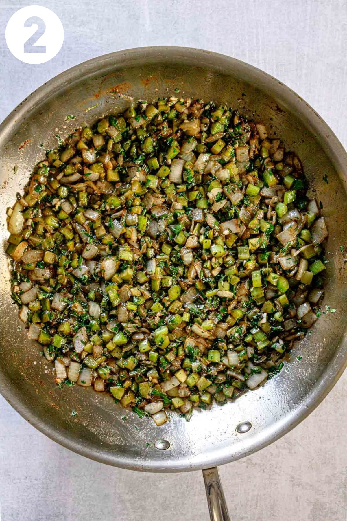 Sautéed vegetables and herbs, labeled "2."