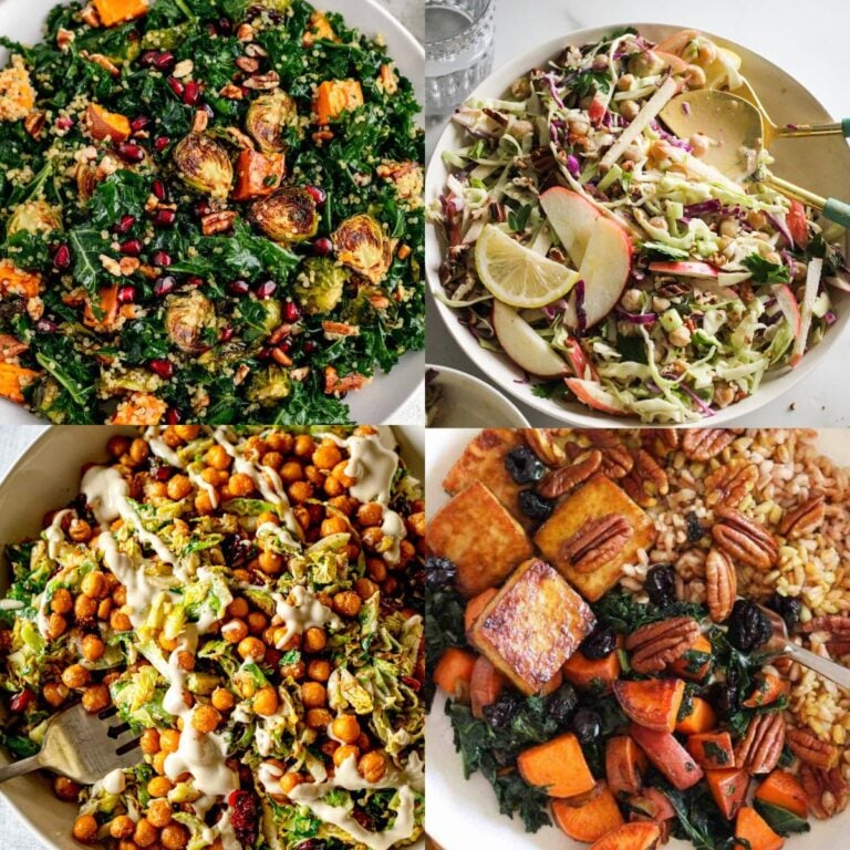 Collage of fall salads, including warm quinoa salad, apple slaw, brussels sprouts salad, and a fall harvest bowl.
