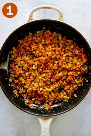 Vegetables sautéed in a skillet, labeled "1."