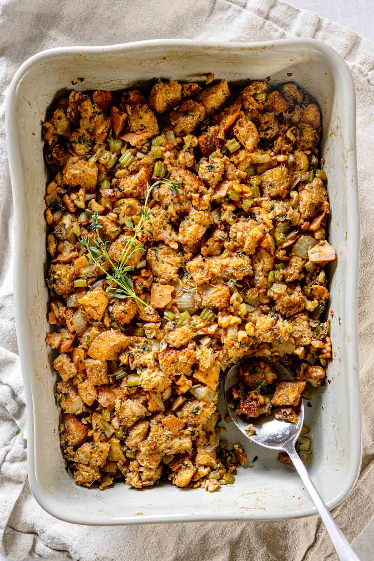 Vegetarian stuffing for Thanksgiving in a baking dish.