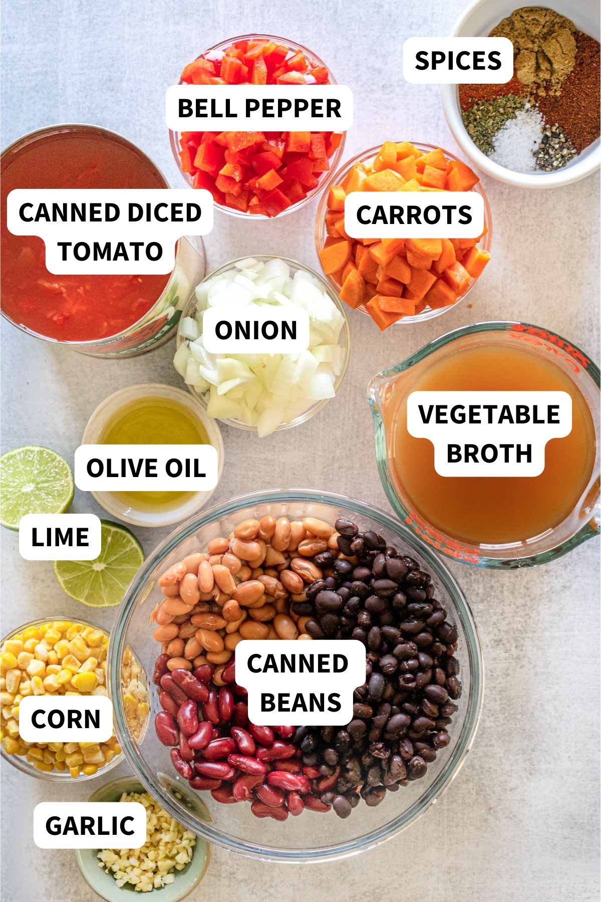 Labeled ingredients to make vegetarian three bean chili.