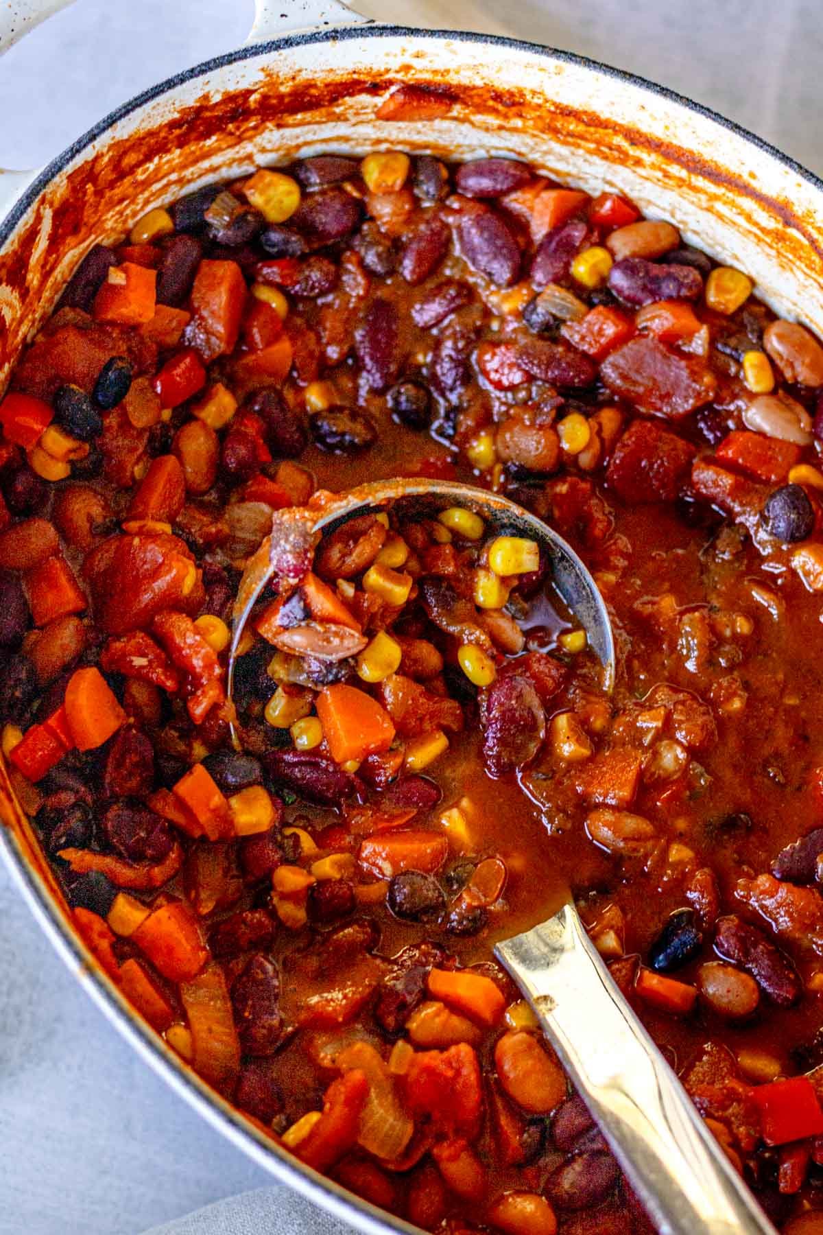 Pot of vegetarian 3-bean chili.