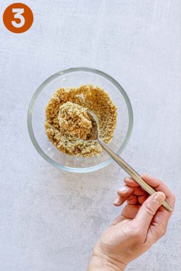 Stirring Italian breadcrumb topping, labeled "3."
