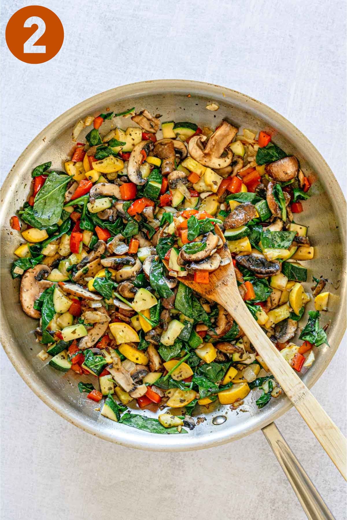 Colorful vegetables in a skillet, labeled "2."