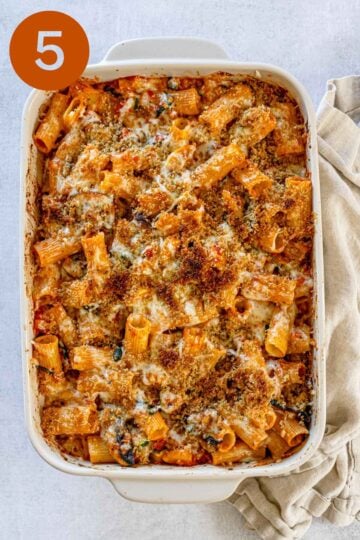 Baked rigatoni pasta in a casserole dish, labeled "5."