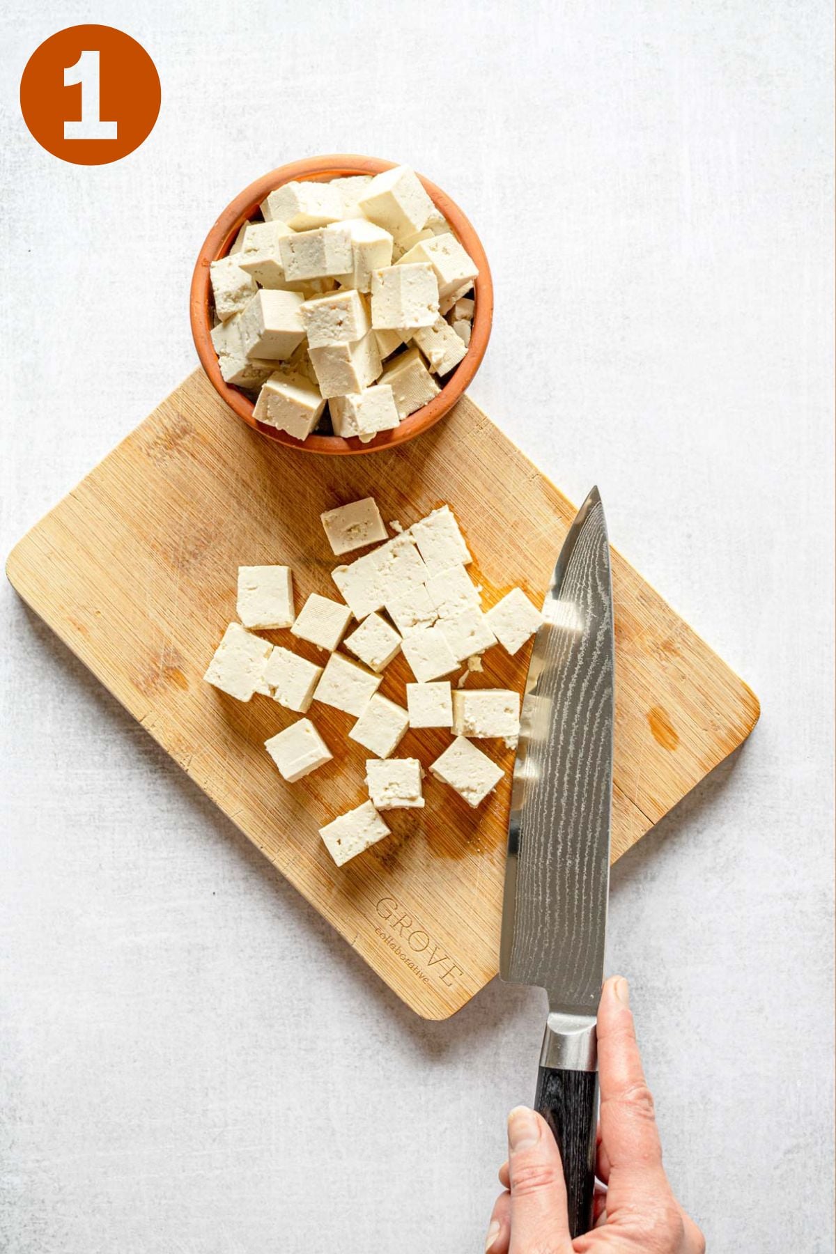 Cutting the tofu, labeled 1.