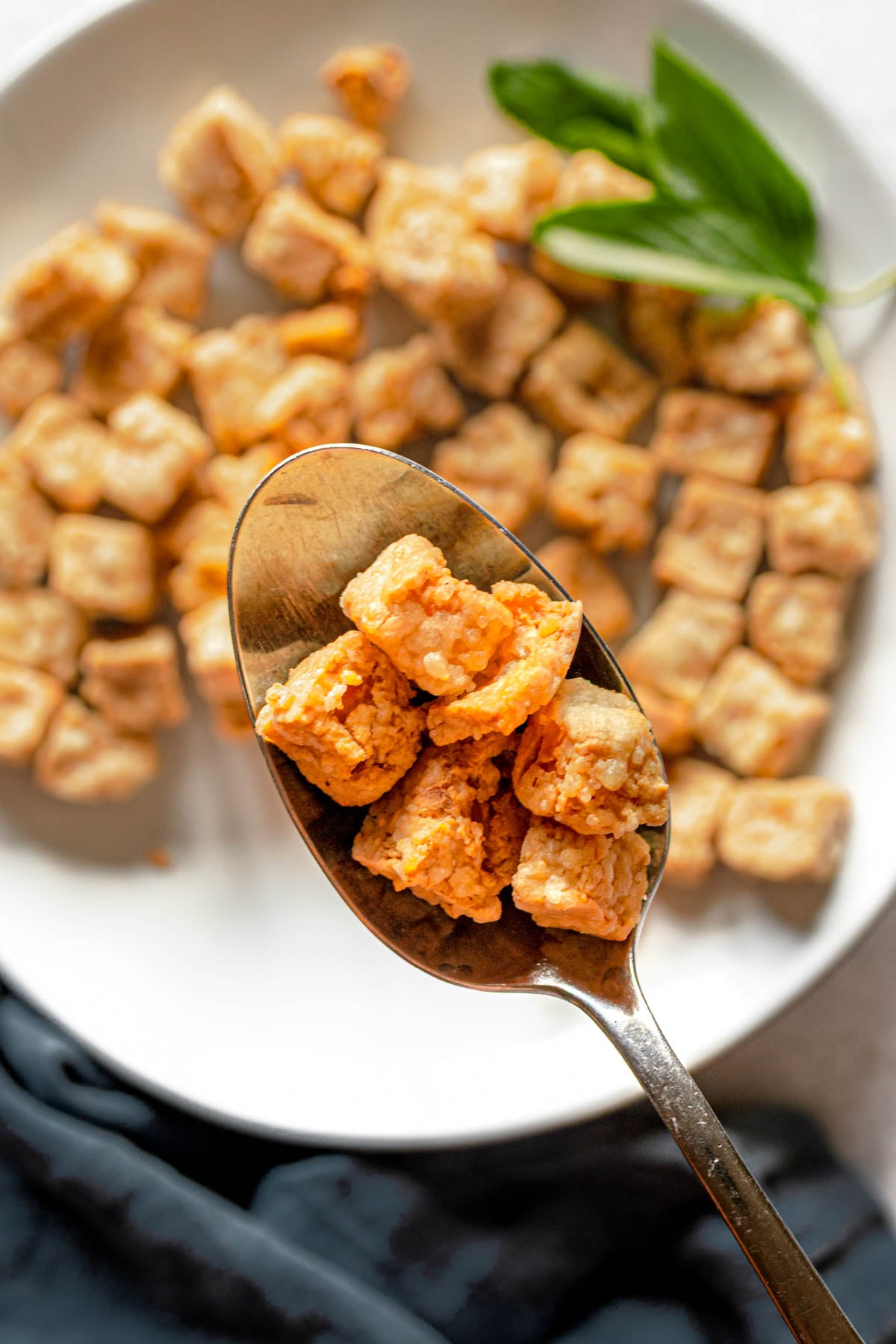 Closeup of a spoonful of crispy tofu.