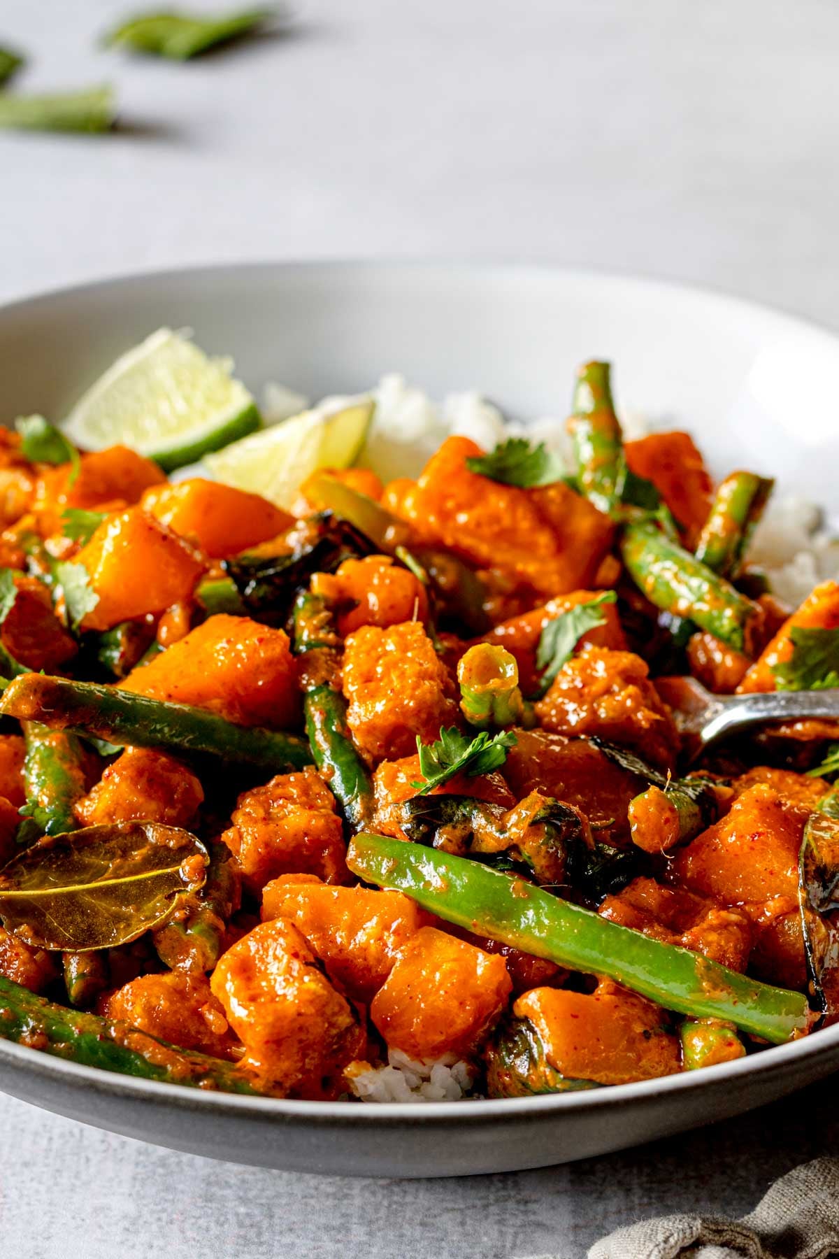 Close-up of Thai red curry with tofu and vegetables.