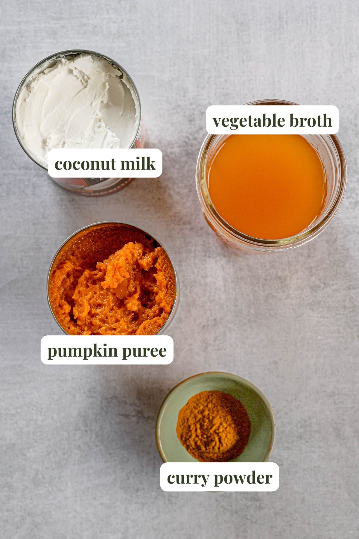 Labeled ingredients for curried pumpkin soup, with coconut milk, pumpkin puree, vegetable broth, and curry powder.